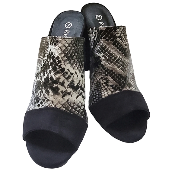 Reneeze Black, Gray and White Snake lookopen toe heels. Black Suede like trim. - Picture 3 of 7